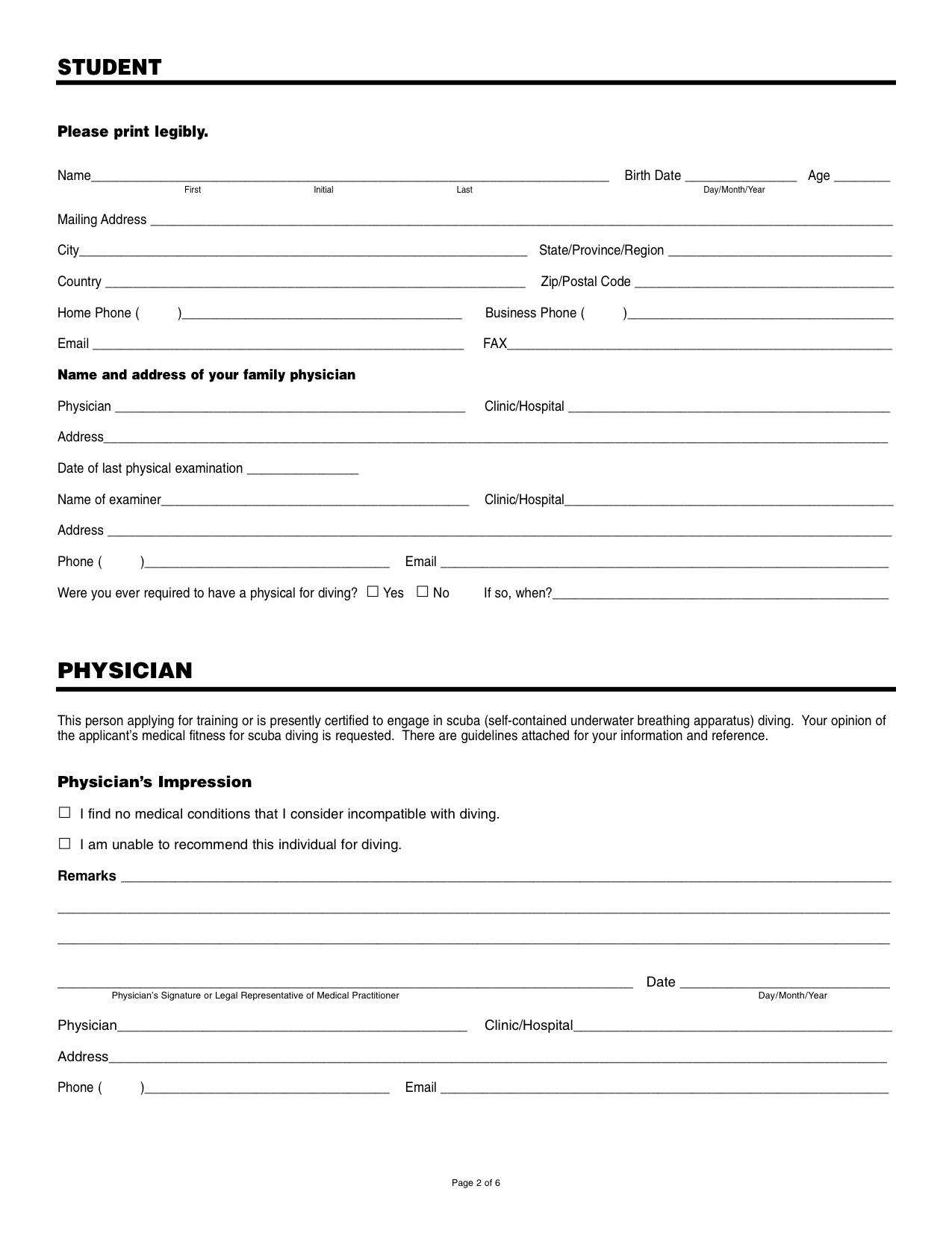 Medical Form AQUASPORT DIVING
